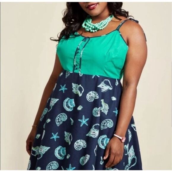Modcloth Waving From The Waterfront Tie Shoulder Fit and Flare Cotton Dress - Wo - Picture 1 of 10